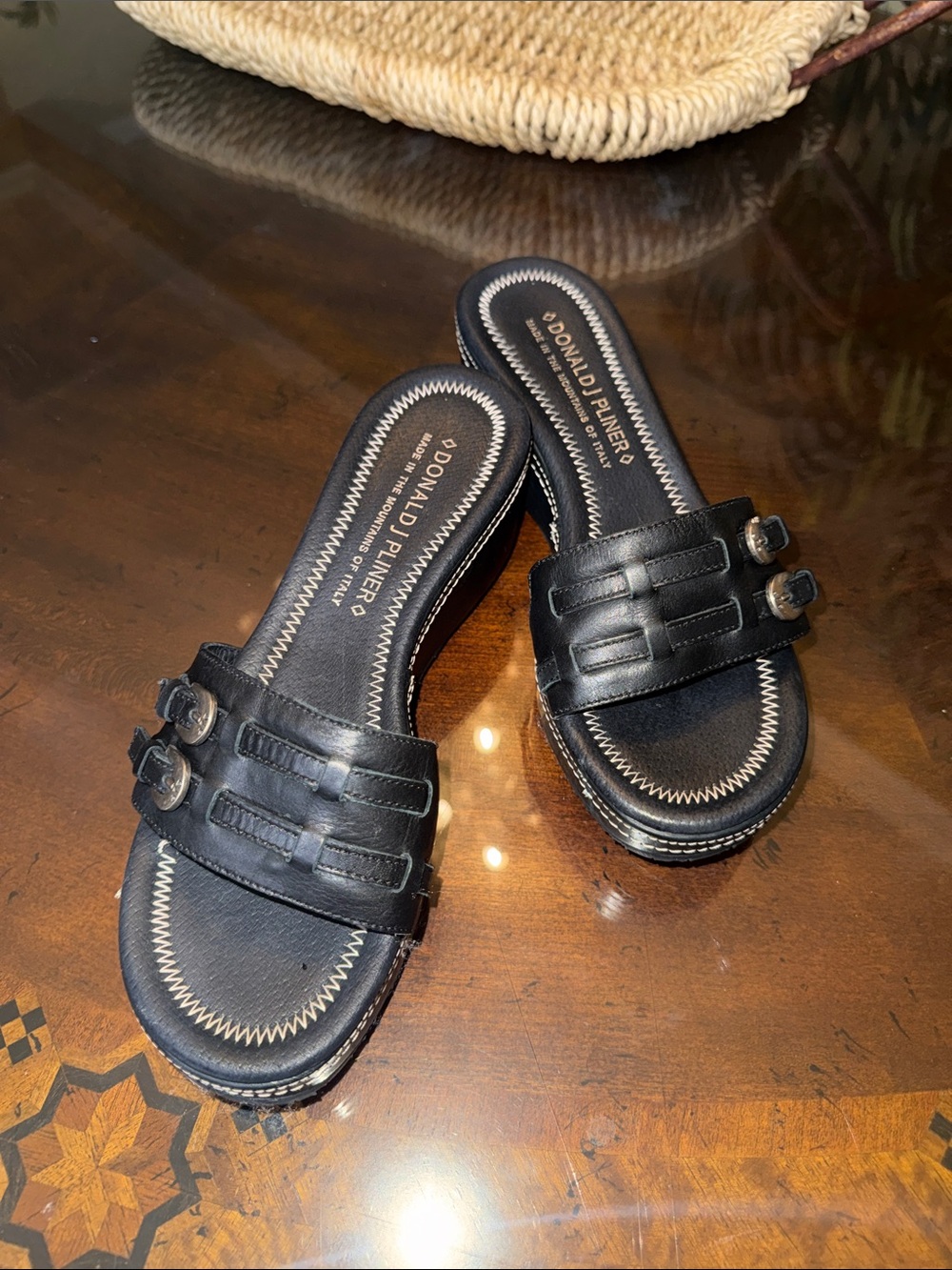 Donald J. Pliner Black Double-Buckle Leather Slide Sandals